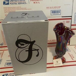 Fenton Vintage Vase Carnival Iridescent Ruffle Top Brand New in Box